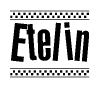 The image is a black and white clipart of the text Etelin in a bold, italicized font. The text is bordered by a dotted line on the top and bottom, and there are checkered flags positioned at both ends of the text, usually associated with racing or finishing lines.