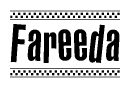 The image contains the text Fareeda in a bold, stylized font, with a checkered flag pattern bordering the top and bottom of the text.