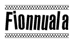The image contains the text Fionnuala in a bold, stylized font, with a checkered flag pattern bordering the top and bottom of the text.