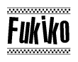 The image is a black and white clipart of the text Fukiko in a bold, italicized font. The text is bordered by a dotted line on the top and bottom, and there are checkered flags positioned at both ends of the text, usually associated with racing or finishing lines.
