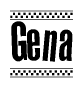 The image is a black and white clipart of the text Gena in a bold, italicized font. The text is bordered by a dotted line on the top and bottom, and there are checkered flags positioned at both ends of the text, usually associated with racing or finishing lines.