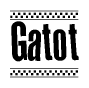 The image is a black and white clipart of the text Gatot in a bold, italicized font. The text is bordered by a dotted line on the top and bottom, and there are checkered flags positioned at both ends of the text, usually associated with racing or finishing lines.