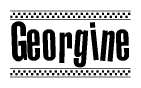The image is a black and white clipart of the text Georgine in a bold, italicized font. The text is bordered by a dotted line on the top and bottom, and there are checkered flags positioned at both ends of the text, usually associated with racing or finishing lines.
