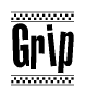 The image is a black and white clipart of the text Grip in a bold, italicized font. The text is bordered by a dotted line on the top and bottom, and there are checkered flags positioned at both ends of the text, usually associated with racing or finishing lines.