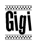The image is a black and white clipart of the text Gigi in a bold, italicized font. The text is bordered by a dotted line on the top and bottom, and there are checkered flags positioned at both ends of the text, usually associated with racing or finishing lines.