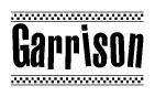 The clipart image displays the text Garrison in a bold, stylized font. It is enclosed in a rectangular border with a checkerboard pattern running below and above the text, similar to a finish line in racing. 