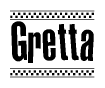 The image contains the text Gretta in a bold, stylized font, with a checkered flag pattern bordering the top and bottom of the text.