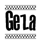 The image contains the text Geza in a bold, stylized font, with a checkered flag pattern bordering the top and bottom of the text.