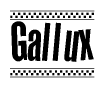 The image is a black and white clipart of the text Gallux in a bold, italicized font. The text is bordered by a dotted line on the top and bottom, and there are checkered flags positioned at both ends of the text, usually associated with racing or finishing lines.