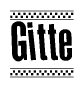 The image is a black and white clipart of the text Gitte in a bold, italicized font. The text is bordered by a dotted line on the top and bottom, and there are checkered flags positioned at both ends of the text, usually associated with racing or finishing lines.