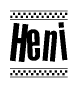 The clipart image displays the text Heni in a bold, stylized font. It is enclosed in a rectangular border with a checkerboard pattern running below and above the text, similar to a finish line in racing. 