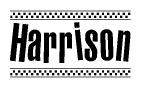 The image contains the text Harrison in a bold, stylized font, with a checkered flag pattern bordering the top and bottom of the text.