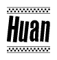 The clipart image displays the text Huan in a bold, stylized font. It is enclosed in a rectangular border with a checkerboard pattern running below and above the text, similar to a finish line in racing. 