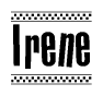 The image contains the text Irene in a bold, stylized font, with a checkered flag pattern bordering the top and bottom of the text.