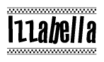 The image contains the text Izzabella in a bold, stylized font, with a checkered flag pattern bordering the top and bottom of the text.