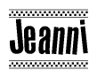 The image is a black and white clipart of the text Jeanni in a bold, italicized font. The text is bordered by a dotted line on the top and bottom, and there are checkered flags positioned at both ends of the text, usually associated with racing or finishing lines.