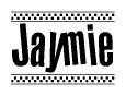 The image is a black and white clipart of the text Jaymie in a bold, italicized font. The text is bordered by a dotted line on the top and bottom, and there are checkered flags positioned at both ends of the text, usually associated with racing or finishing lines.