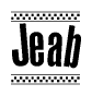 The image contains the text Jeab in a bold, stylized font, with a checkered flag pattern bordering the top and bottom of the text.