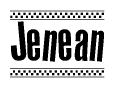 The image is a black and white clipart of the text Jenean in a bold, italicized font. The text is bordered by a dotted line on the top and bottom, and there are checkered flags positioned at both ends of the text, usually associated with racing or finishing lines.