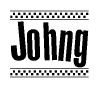 The clipart image displays the text Johng in a bold, stylized font. It is enclosed in a rectangular border with a checkerboard pattern running below and above the text, similar to a finish line in racing. 