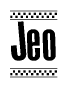 The clipart image displays the text Jeo in a bold, stylized font. It is enclosed in a rectangular border with a checkerboard pattern running below and above the text, similar to a finish line in racing. 