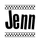 The image contains the text Jenn in a bold, stylized font, with a checkered flag pattern bordering the top and bottom of the text.