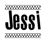 The clipart image displays the text Jessi in a bold, stylized font. It is enclosed in a rectangular border with a checkerboard pattern running below and above the text, similar to a finish line in racing. 