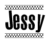The image contains the text Jessy in a bold, stylized font, with a checkered flag pattern bordering the top and bottom of the text.