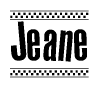 The image contains the text Jeane in a bold, stylized font, with a checkered flag pattern bordering the top and bottom of the text.
