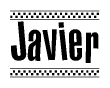 The image contains the text Javier in a bold, stylized font, with a checkered flag pattern bordering the top and bottom of the text.