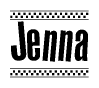 The image contains the text Jenna in a bold, stylized font, with a checkered flag pattern bordering the top and bottom of the text.