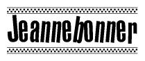 The image is a black and white clipart of the text Jeannebonner in a bold, italicized font. The text is bordered by a dotted line on the top and bottom, and there are checkered flags positioned at both ends of the text, usually associated with racing or finishing lines.