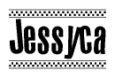 The clipart image displays the text Jessyca in a bold, stylized font. It is enclosed in a rectangular border with a checkerboard pattern running below and above the text, similar to a finish line in racing. 