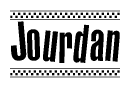 The image contains the text Jourdan in a bold, stylized font, with a checkered flag pattern bordering the top and bottom of the text.