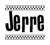 The image contains the text Jerre in a bold, stylized font, with a checkered flag pattern bordering the top and bottom of the text.