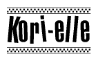 The image contains the text Kori-elle in a bold, stylized font, with a checkered flag pattern bordering the top and bottom of the text.
