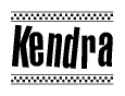 The image contains the text Kendra in a bold, stylized font, with a checkered flag pattern bordering the top and bottom of the text.