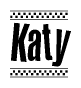 The image is a black and white clipart of the text Katy in a bold, italicized font. The text is bordered by a dotted line on the top and bottom, and there are checkered flags positioned at both ends of the text, usually associated with racing or finishing lines.