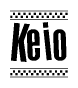 The image contains the text Keio in a bold, stylized font, with a checkered flag pattern bordering the top and bottom of the text.