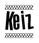 The image contains the text Keiz in a bold, stylized font, with a checkered flag pattern bordering the top and bottom of the text.