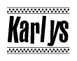 The image contains the text Karlys in a bold, stylized font, with a checkered flag pattern bordering the top and bottom of the text.