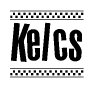 The image contains the text Kelcs in a bold, stylized font, with a checkered flag pattern bordering the top and bottom of the text.