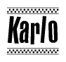 The clipart image displays the text Karlo in a bold, stylized font. It is enclosed in a rectangular border with a checkerboard pattern running below and above the text, similar to a finish line in racing. 