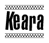 The clipart image displays the text Keara in a bold, stylized font. It is enclosed in a rectangular border with a checkerboard pattern running below and above the text, similar to a finish line in racing. 