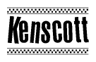   The image contains the text Kenscott in a bold, stylized font, with a checkered flag pattern bordering the top and bottom of the text. 