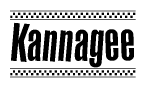 The image is a black and white clipart of the text Kannagee in a bold, italicized font. The text is bordered by a dotted line on the top and bottom, and there are checkered flags positioned at both ends of the text, usually associated with racing or finishing lines.