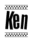 The image contains the text Ken in a bold, stylized font, with a checkered flag pattern bordering the top and bottom of the text.