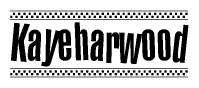 The image is a black and white clipart of the text Kayeharwood in a bold, italicized font. The text is bordered by a dotted line on the top and bottom, and there are checkered flags positioned at both ends of the text, usually associated with racing or finishing lines.