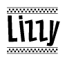 The image contains the text Lizzy in a bold, stylized font, with a checkered flag pattern bordering the top and bottom of the text.