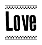 The image contains the text Love in a bold, stylized font, with a checkered flag pattern bordering the top and bottom of the text.
